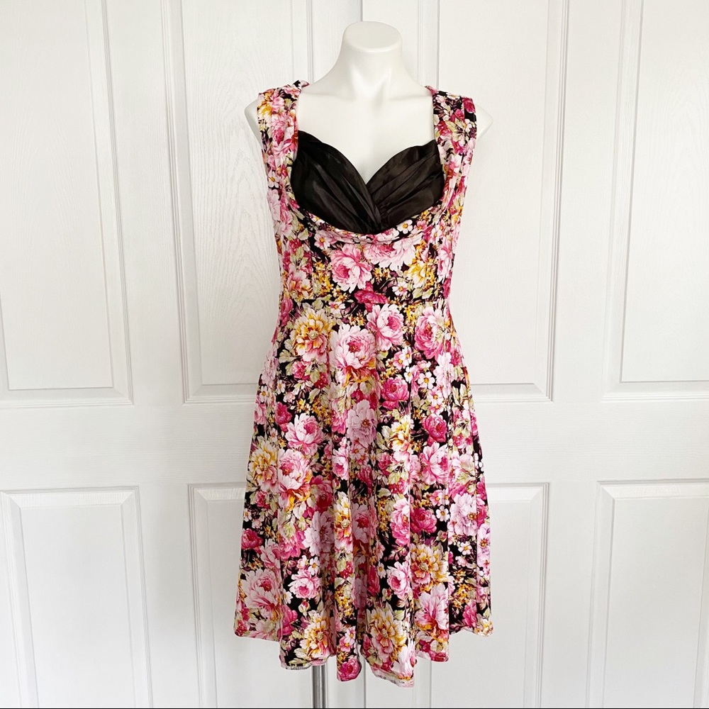 Retro Floral Pink & Black A-Line Swing Dress